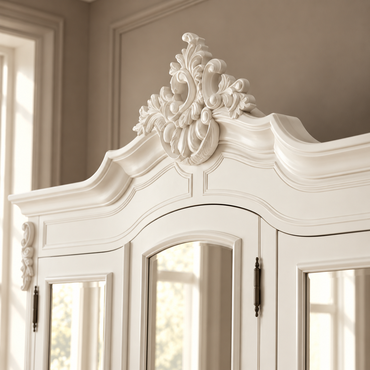 A close-up of an ornate white armoire cabinet with decorative carved details and mirrored doors, set against a warm beige wall.