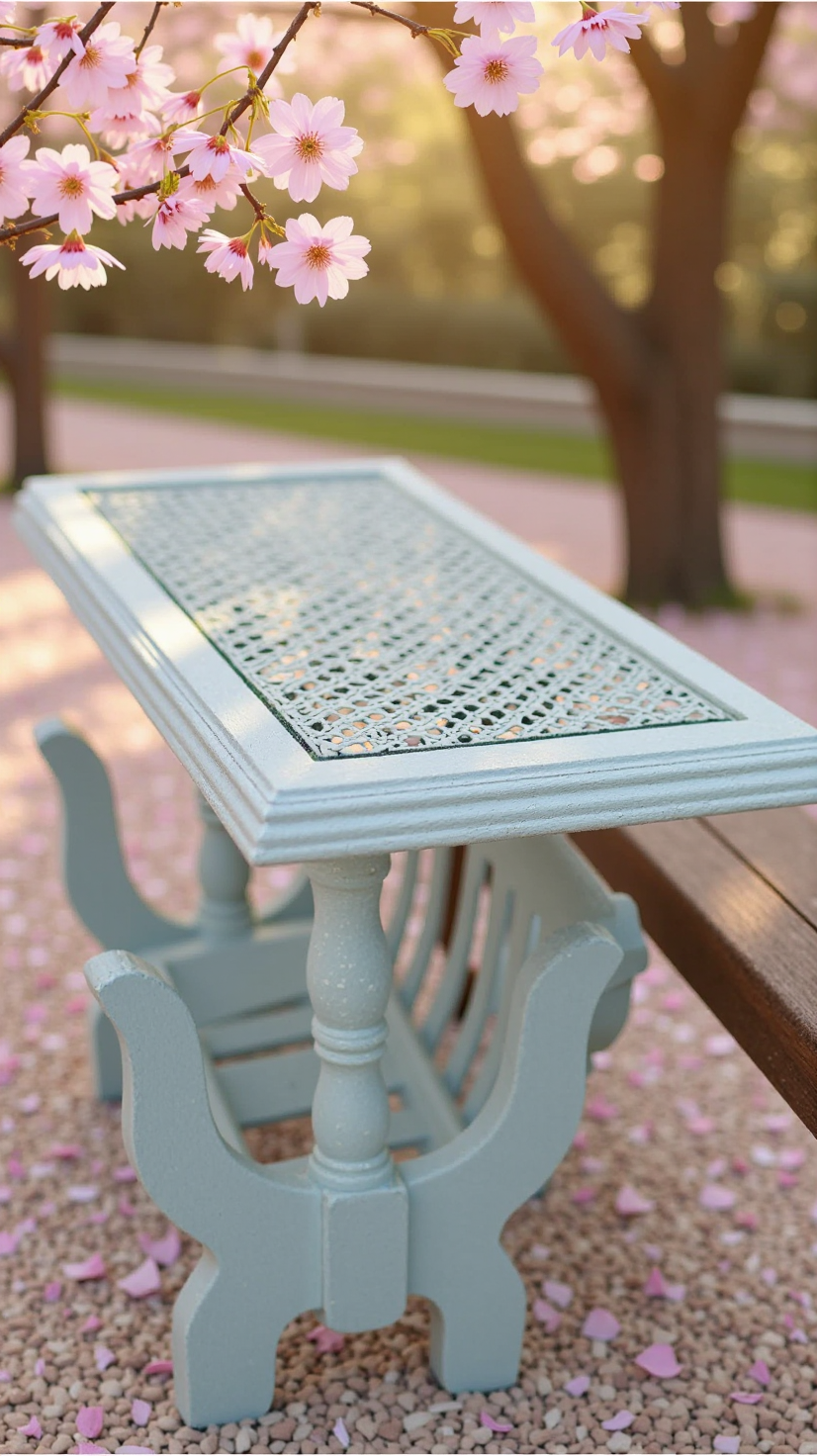 Light blue table with intricate design outdoors, surrounded by cherry blossoms.