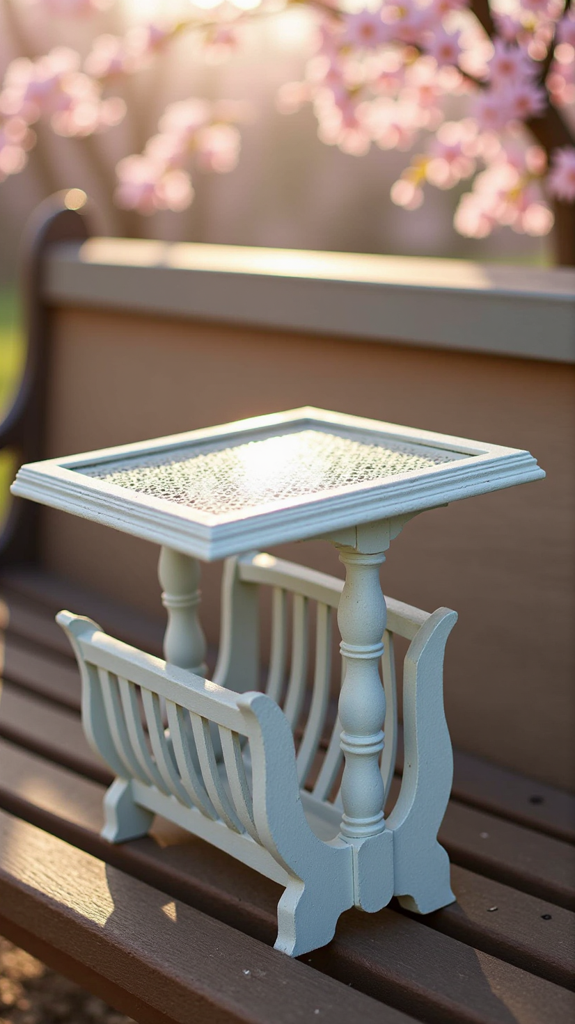 Small white table with decorative top on a wooden bench with blurred cherry blossoms in the background