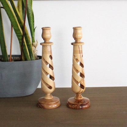Rosé Spiral — Hand-Turned Wood Spiral Candle Holder Set