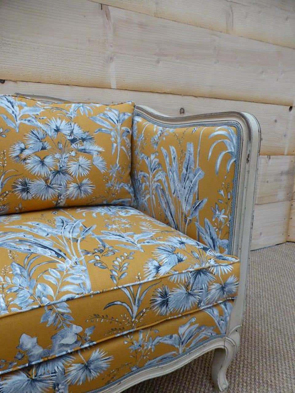 Moutarde Céleste — French Carved Floral Upholstered Sofa
