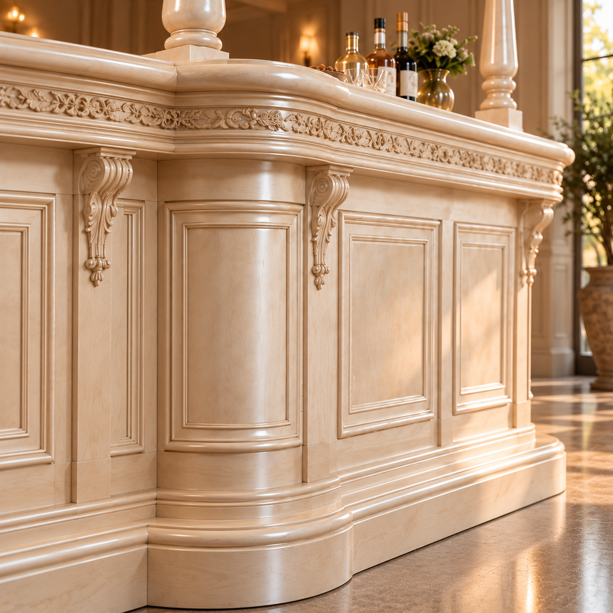An ornate cream-colored reception bar counter with decorative molding, corset brackets, and a curved front, shown in a warm, upscale interior setting.
