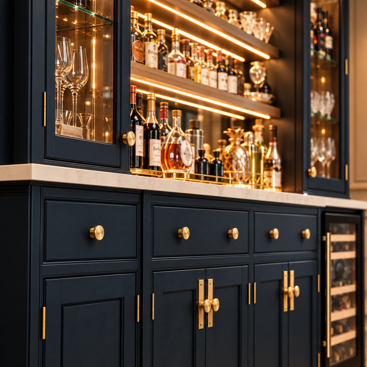 A luxury built-in bar cabinet in matte black with polished gold hardware, featuring glass-front upper cabinets, a marble countertop, and warm LED lighting displaying an assortment of liquor bottles and glassware.