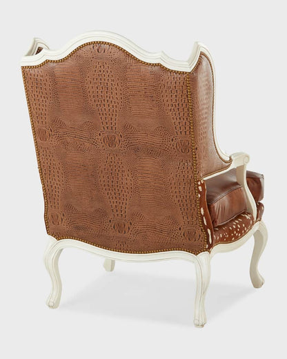 Brown textured armchair with white frame on a light gray background