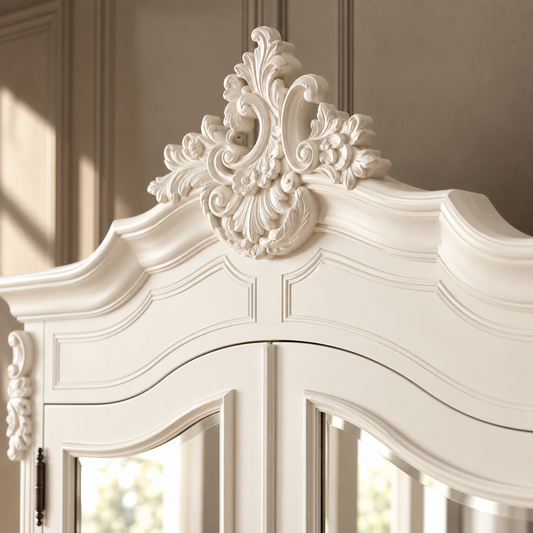 An ornate white carved wooden cabinet or armoire with decorative scrollwork and mirrored doors, shown in a warm interior setting.