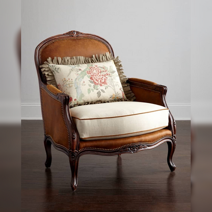 Roselune — Traditional Brown Leather and Cream Upholstered Armchair