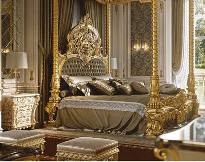 Luxurious bedroom with ornate gold bed frame and matching headboard.
