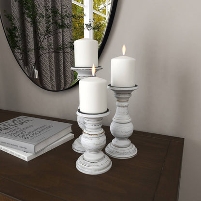 Ashes of Poetry — Distressed White Turned Wood Candle Holder Set