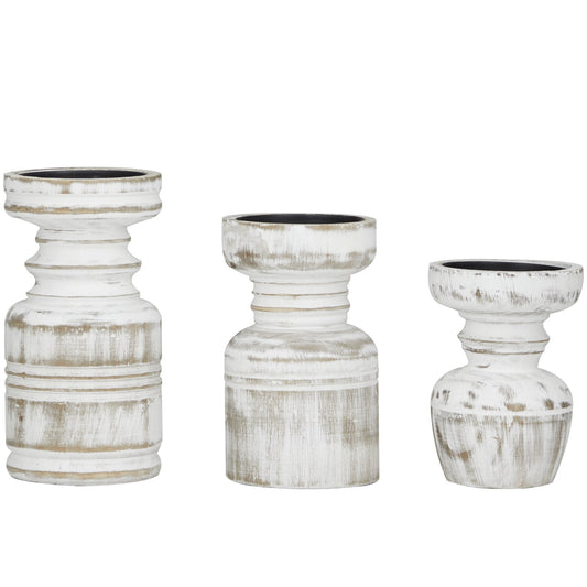 Château Blanc — Distressed White Turned Wood Candle Holder Set