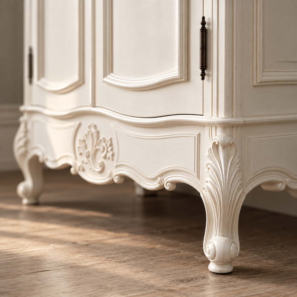 Close-up of an ornate white carved cabinet with decorative cabriole-style legs and dark metal handles, shown on a wood floor in a softly lit interior.