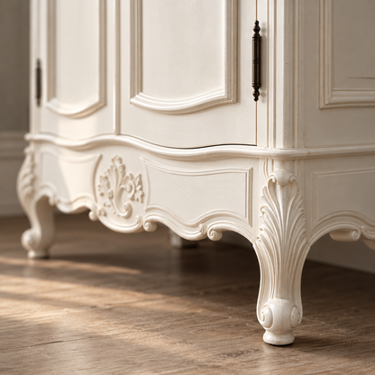 Close-up of an ornate white carved cabinet with decorative cabriole-style legs and dark metal handles, shown on a wood floor in a softly lit interior.