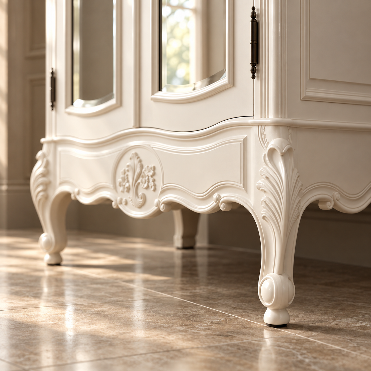 A close-up of an ornate white carved cabinet or sideboard with mirrored doors and decorative cabriole-style legs, shown in a softly lit interior with tiled flooring.