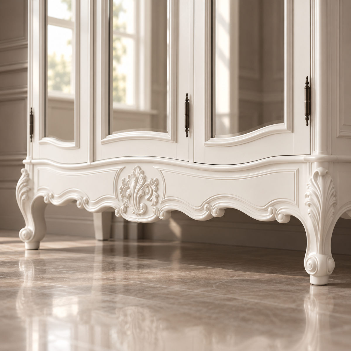 An ornate white carved cabinet with mirrored doors and dark metal handles, shown in a bright interior room with a polished stone floor.
