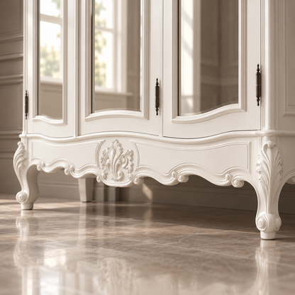 An ornate white carved cabinet with mirrored doors and dark metal handles, shown in a bright interior room with a polished stone floor.
