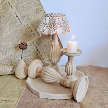 The Camille Ensemble — Distressed White Turned Wood Candle Holder Set