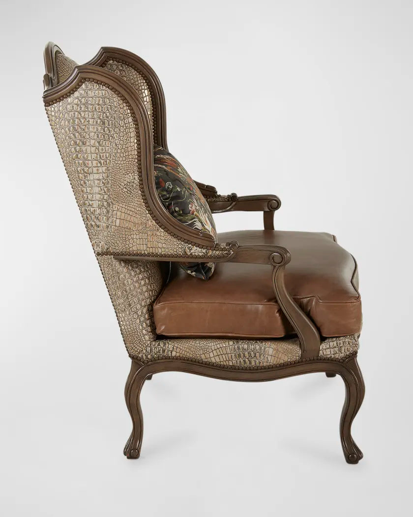 Decorative armchair with intricate backrest and brown cushion on a white background