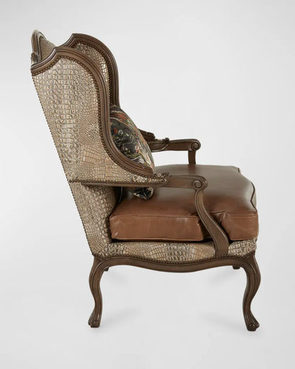 Decorative armchair with intricate backrest and brown cushion on a white background