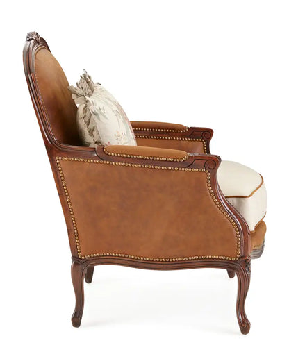 Brown armchair with white cushion on a white background