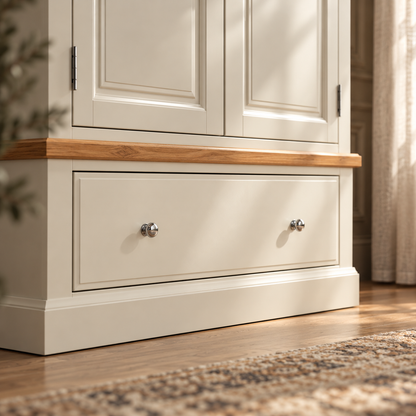 A close-up of a cream-colored wooden storage cabinet or armoire with a natural oak top and two silver drawer knobs, set in a sunlit room with a wood floor and rug.
