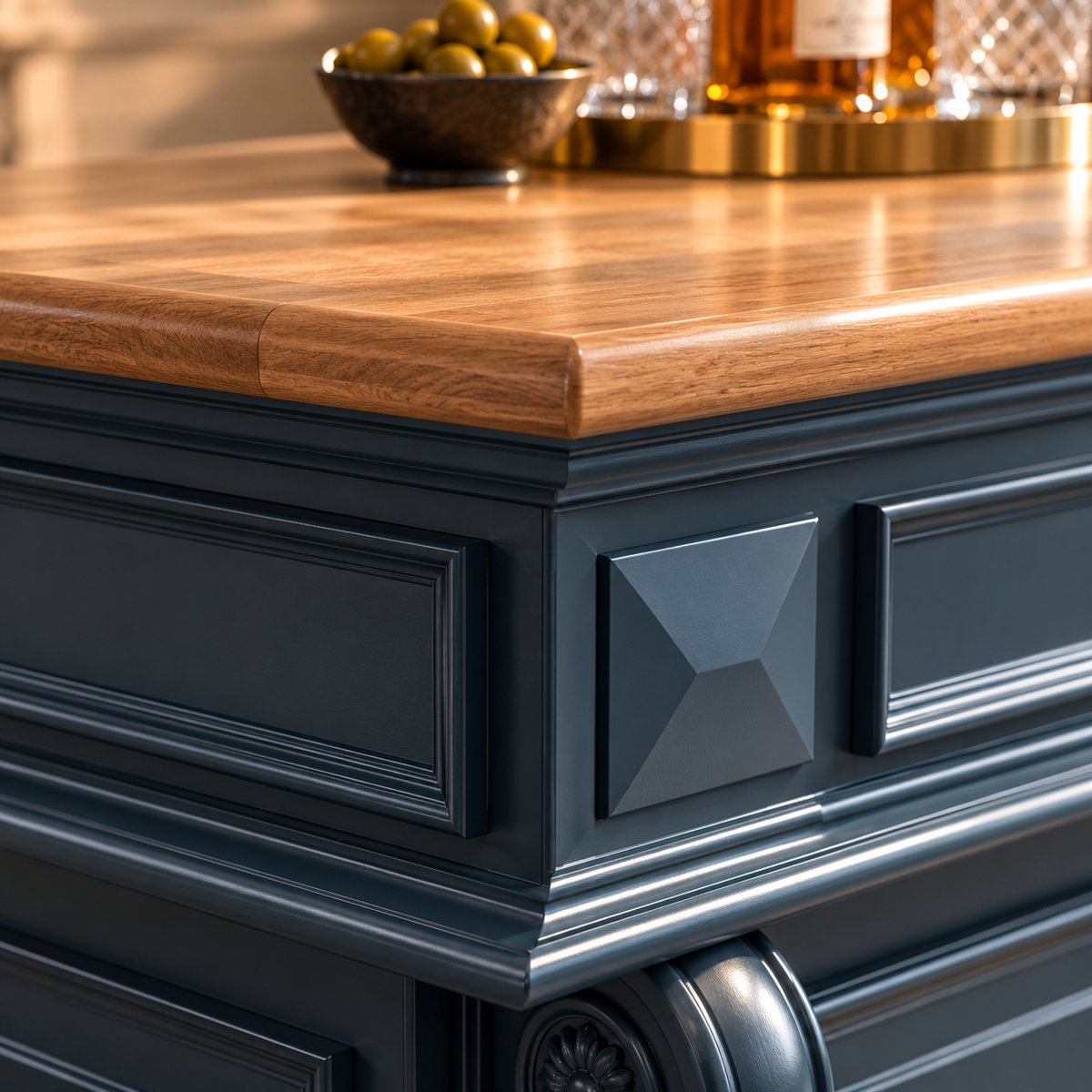 Close-up of a dark charcoal kitchen island with a warm medium-brown wood countertop, featuring decorative paneling and a bowl of olives in the background.