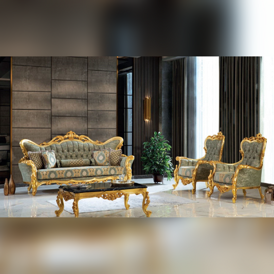 Luxurious living room set with ornate sofa and chairs in a modern interior.