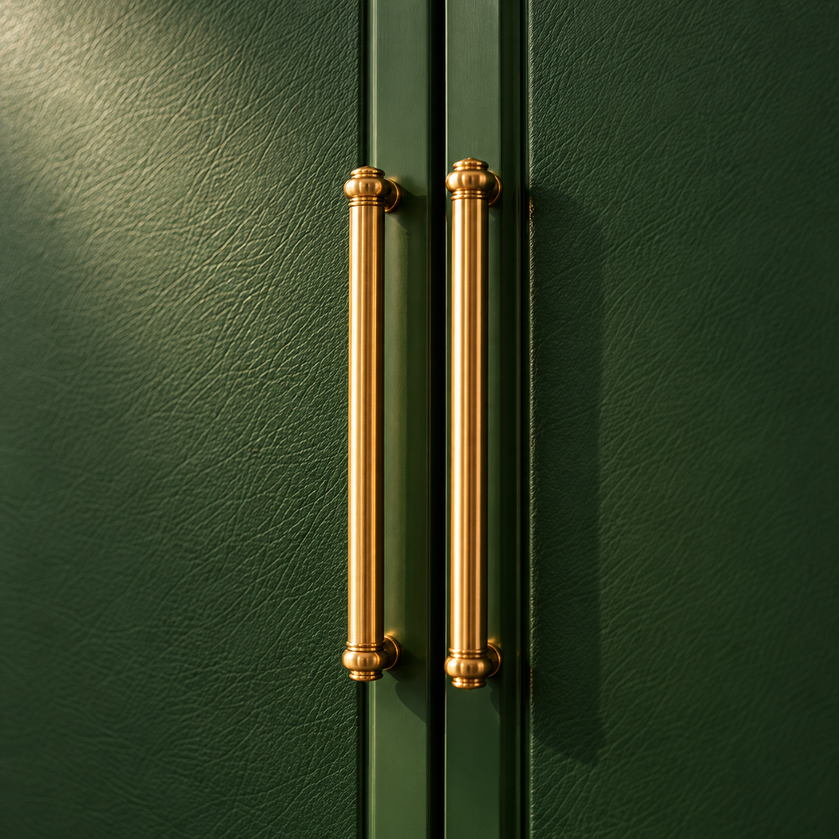 Two vertical brushed gold metal cabinet handles mounted on dark green textured doors.