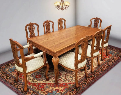 An 8-seater dining set with a natural wood finish and upholstered chairs with a floral pattern on a patterned rug.