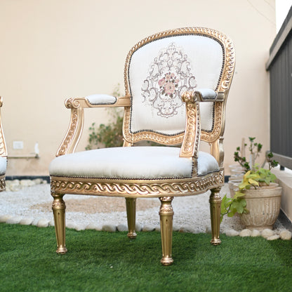 Decorative chair with gold frame and white cushion on a grassy area