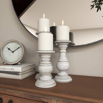 Ashes of Poetry — Distressed White Turned Wood Candle Holder Set