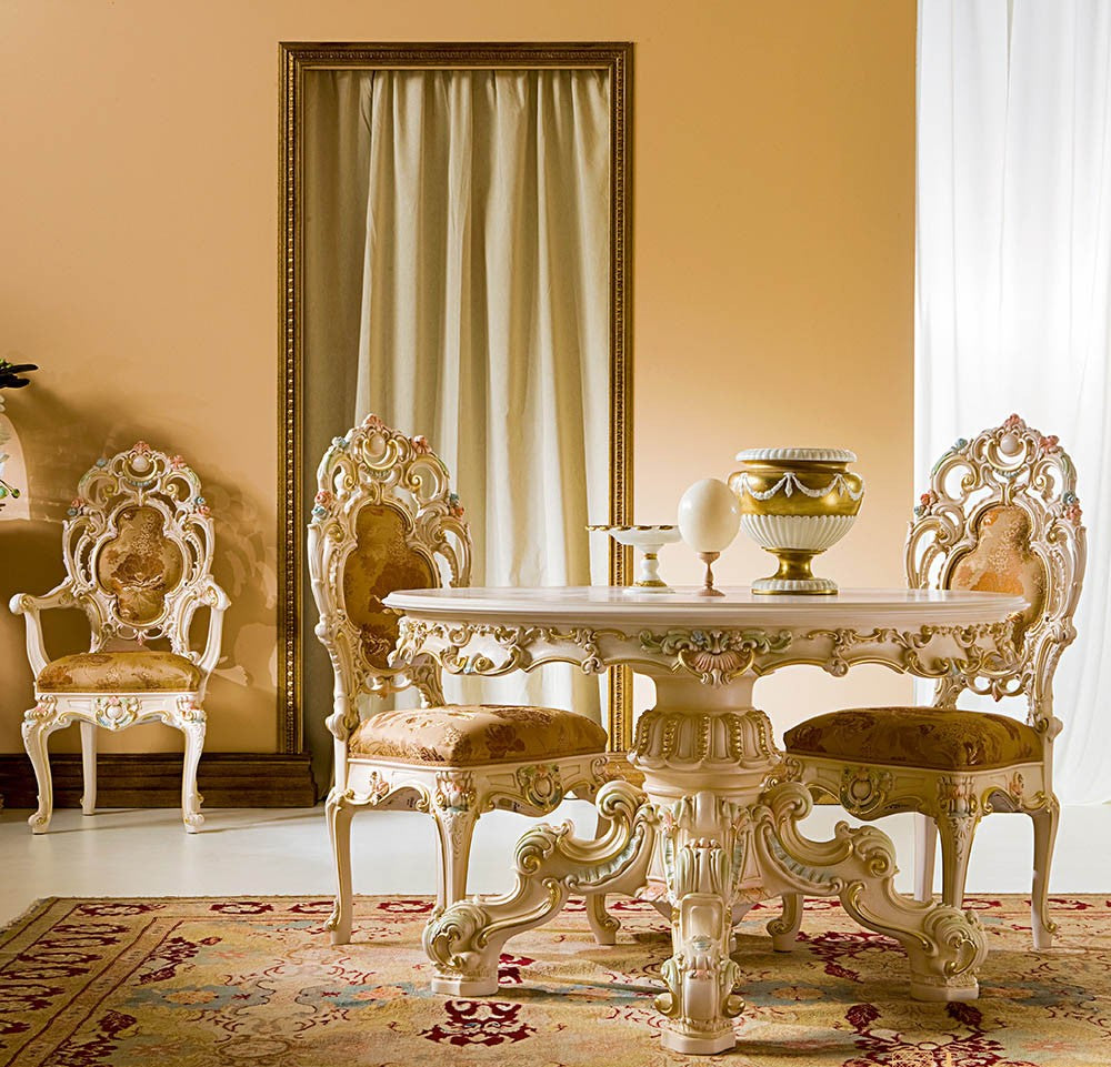 Decorative table and chairs in a room with a large mirror and yellow walls.