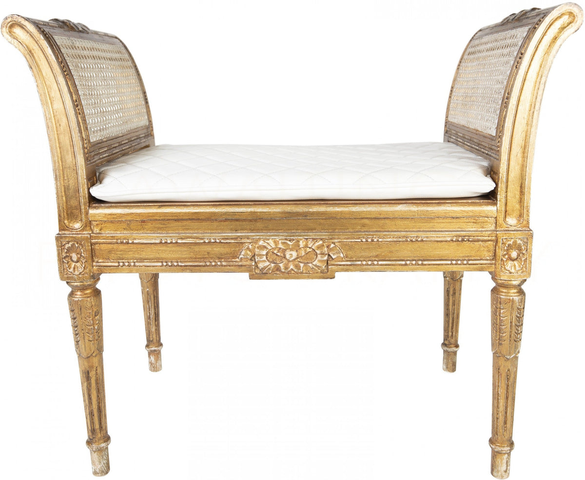 Caloura — Gold-Finish Carved Wood Upholstered Bench