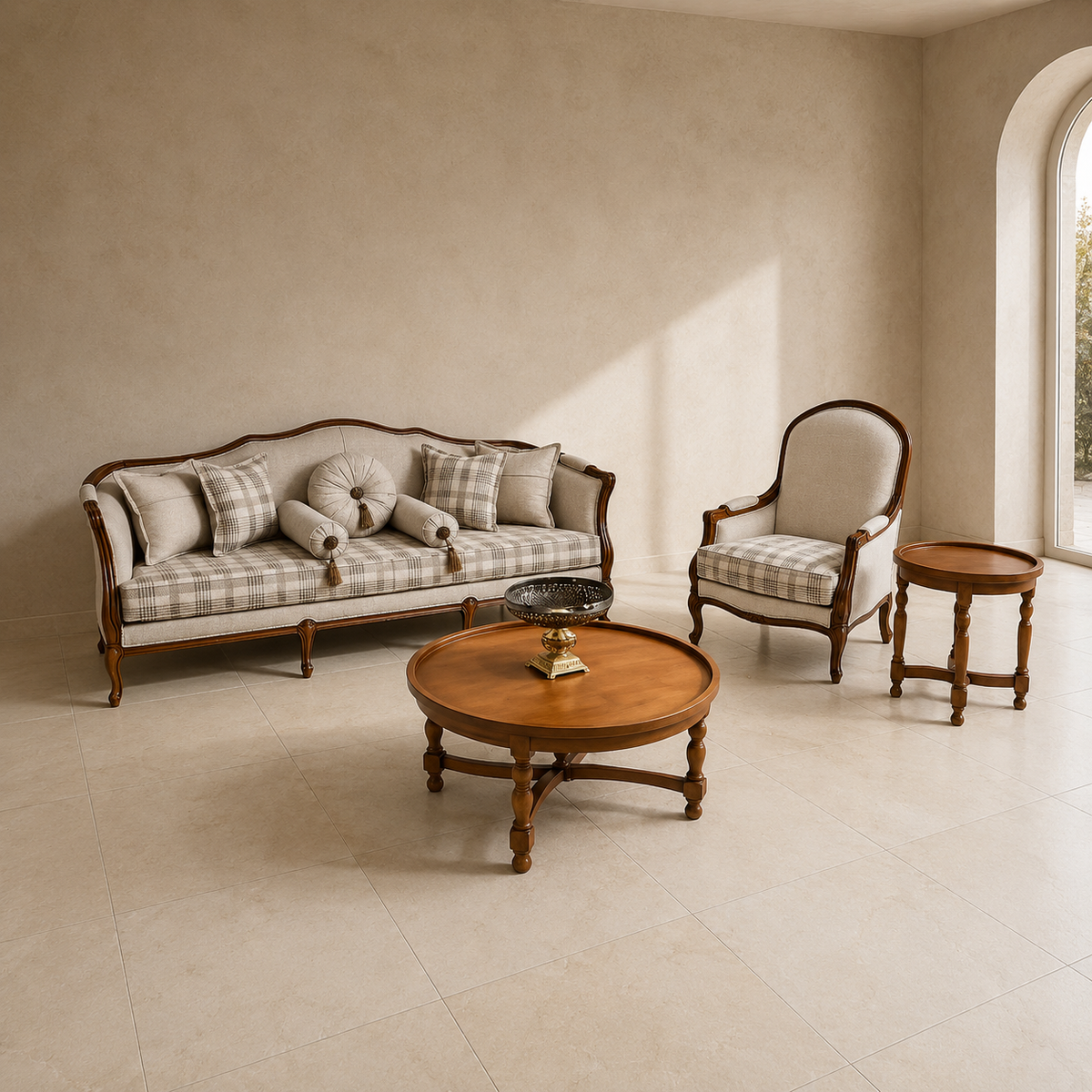 Living room with classical furniture including a sofa, armchair, and coffee table.