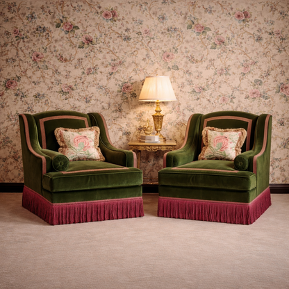 Two green armchairs with red fringes in a room with floral wallpaper.
