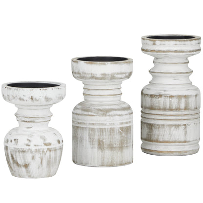Château Blanc — Distressed White Turned Wood Candle Holder Set