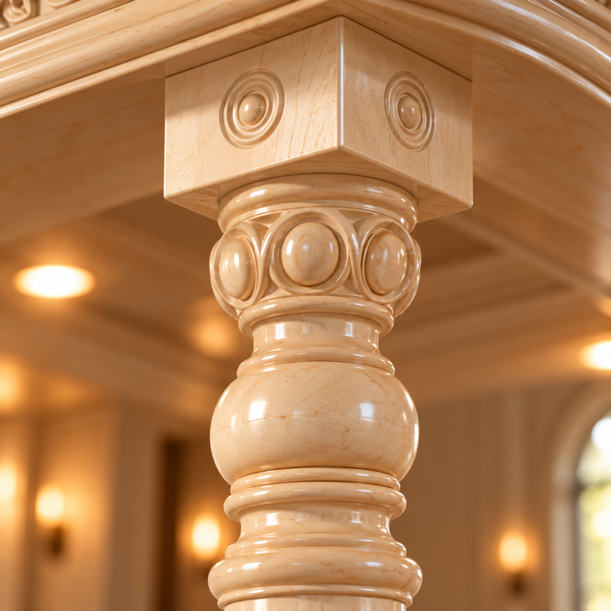 A close-up of a carved light beige wood or stone column capital and shaft, set against a softly blurred interior background with warm lights.