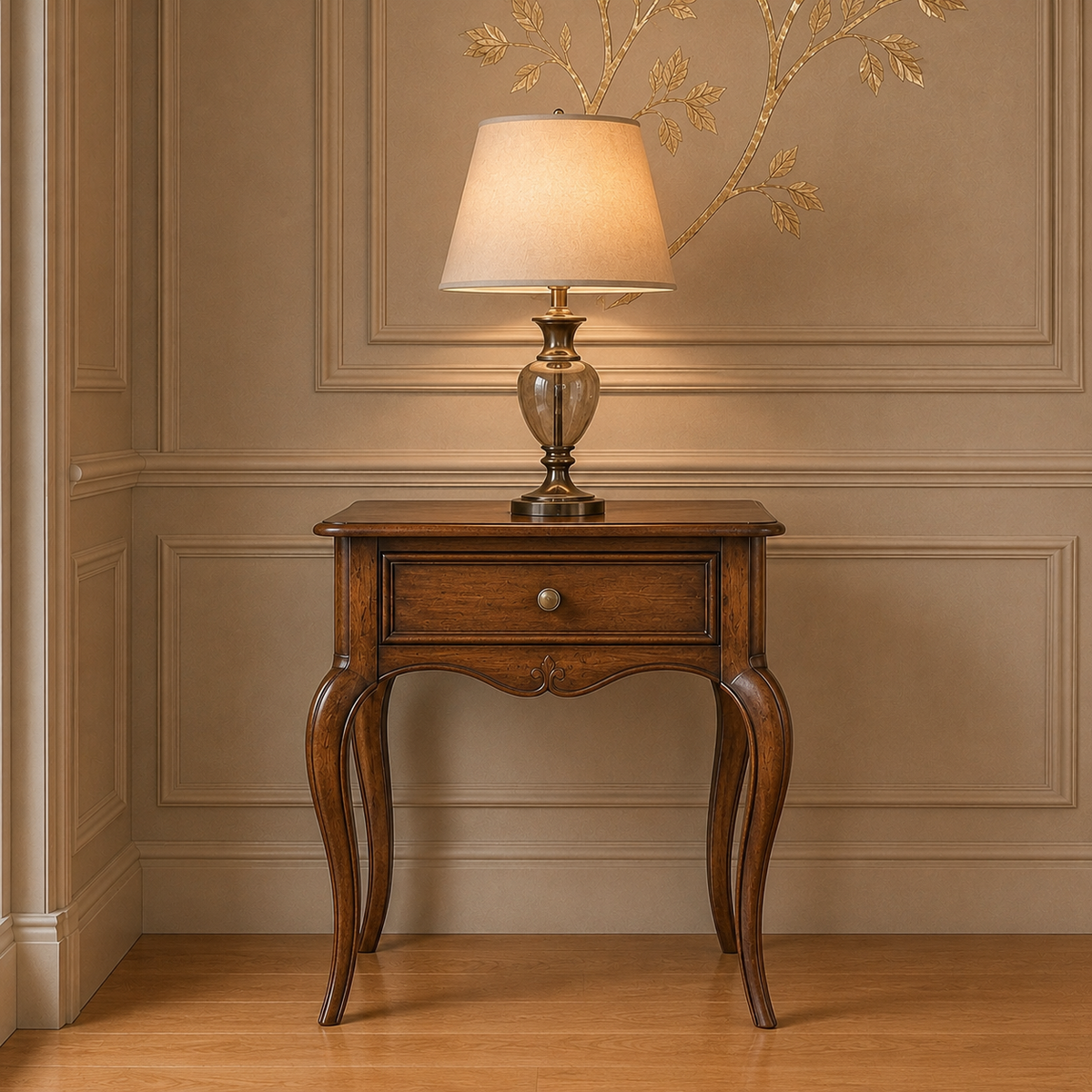 A classic wooden nightstand with curved cabriole legs and a single drawer, styled with a table lamp in a warm, elegant room setting with beige paneled walls and a light wood floor.