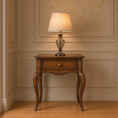 A classic wooden nightstand with curved cabriole legs and a single drawer, styled with a table lamp in a warm, elegant room setting with beige paneled walls and a light wood floor.