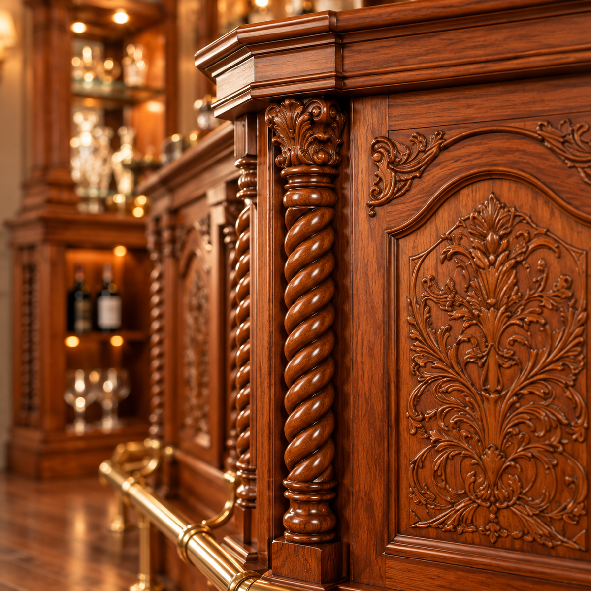 Close-up of an ornate wooden bar cabinet with carved floral panels and twisted columns, shown in a warmly lit bar interior.