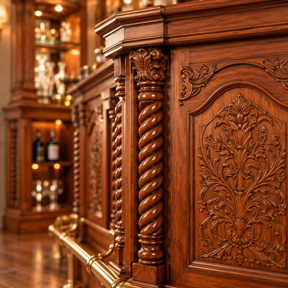 Close-up of an ornate wooden bar cabinet with carved floral panels and twisted columns, shown in a warmly lit bar interior.