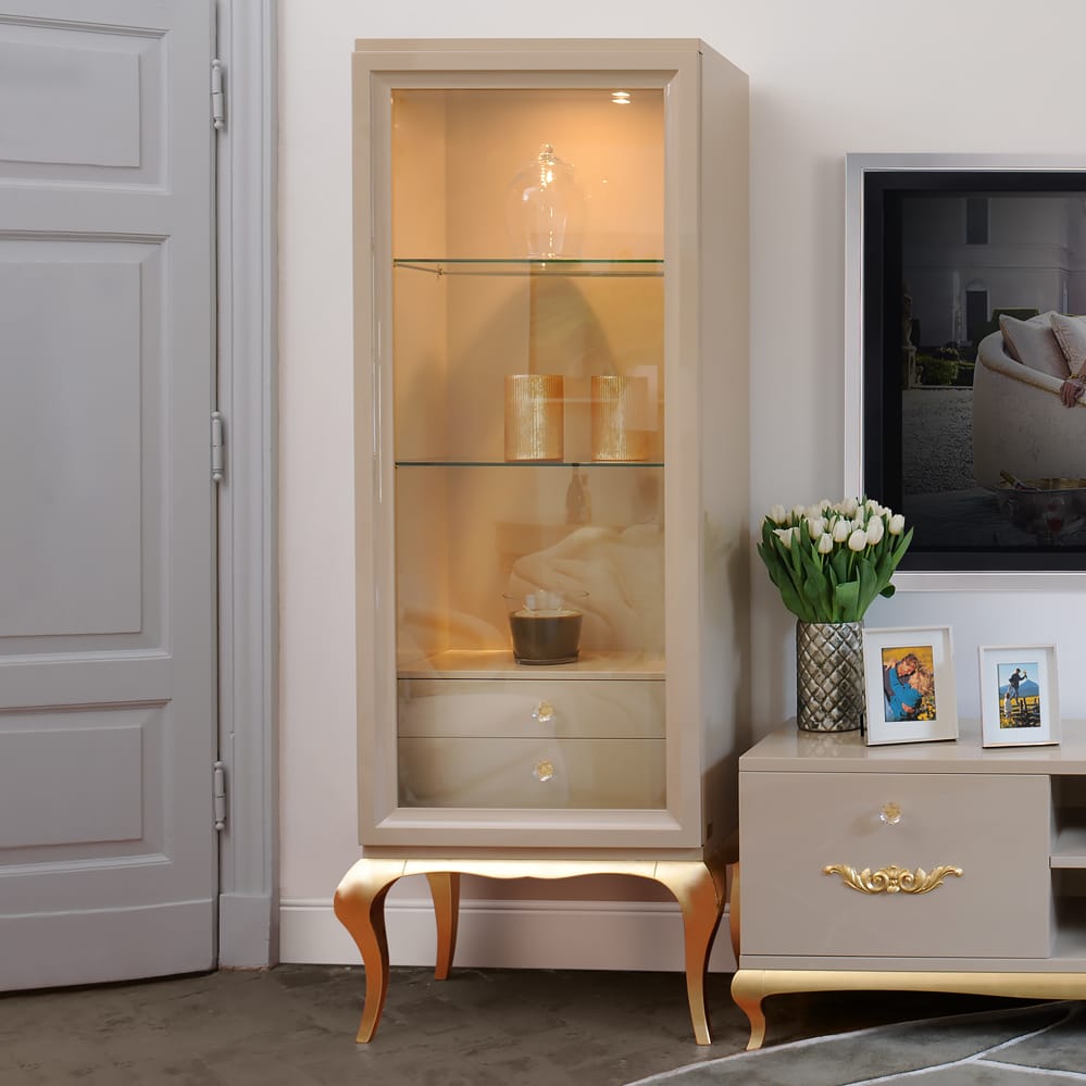 Velmirae — Taupe Lacquered Glass Display Cabinet with Gold Accents
