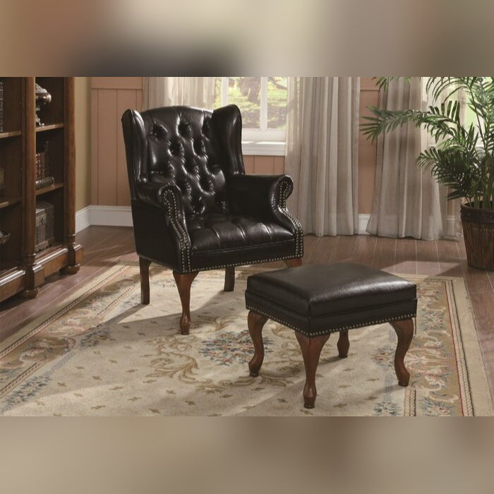 Veltrone — Traditional Black Leather Wingback Armchair with Ottoman