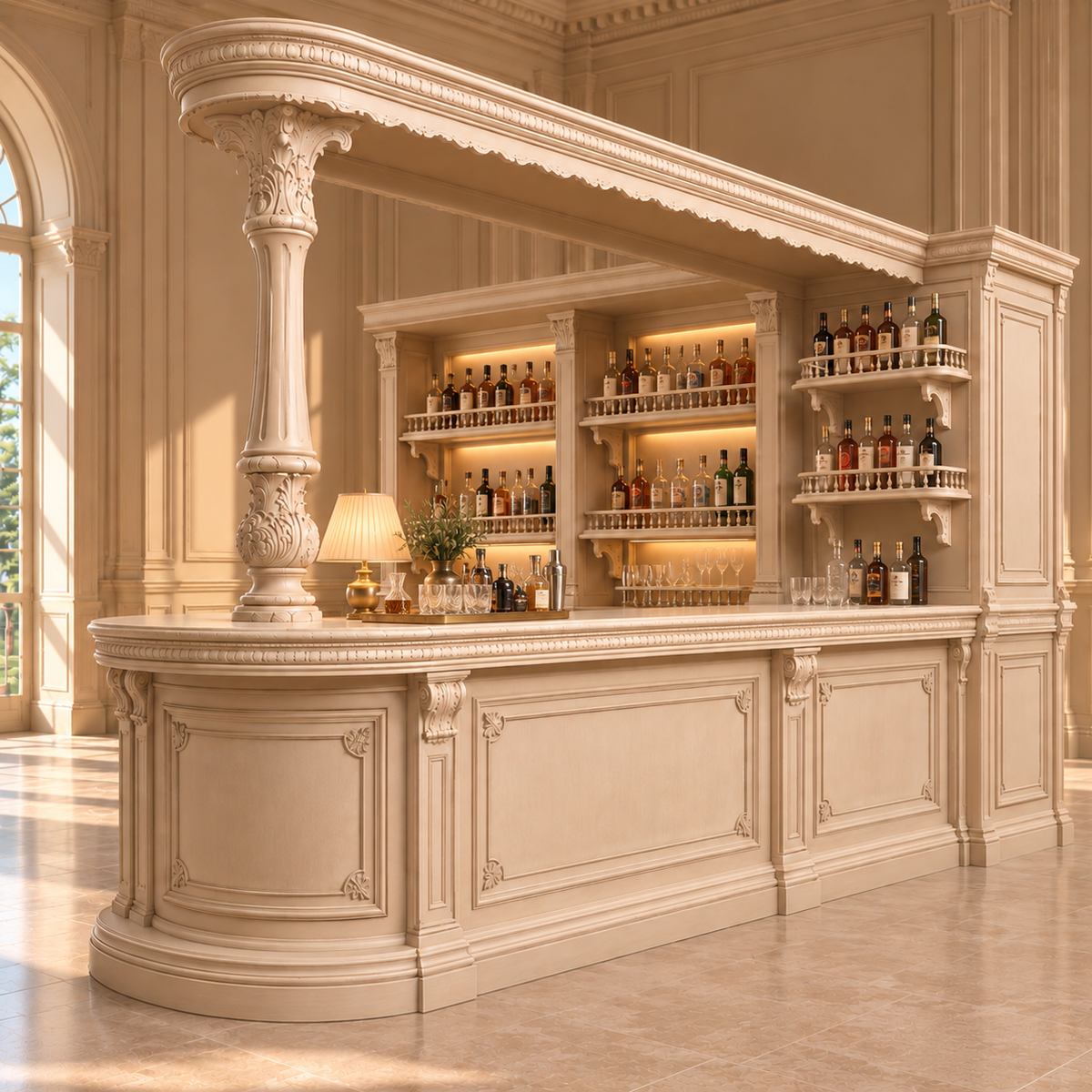 An ornate cream-colored bar cabinet with decorative columns, built-in shelving, and a curved counter, shown in a luxurious interior room with warm lighting and wine bottles on the shelves.