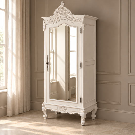 A tall, ornate white armoire cabinet with a mirrored door and carved decorative details, set in a softly lit room with beige paneled walls and curtains.