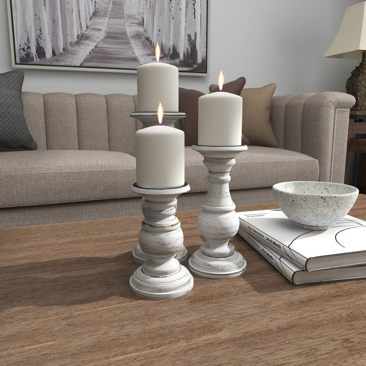Ashes of Poetry — Distressed White Turned Wood Candle Holder Set