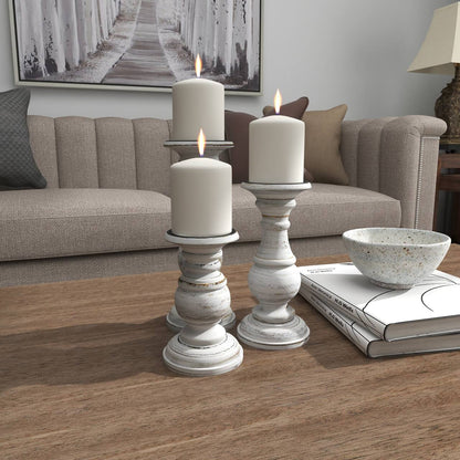 Ashes of Poetry — Distressed White Turned Wood Candle Holder Set