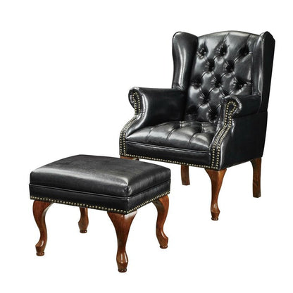 Veltrone — Traditional Black Leather Wingback Armchair with Ottoman