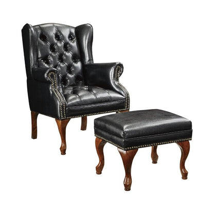 Veltrone — Traditional Black Leather Wingback Armchair with Ottoman