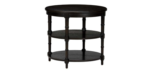 A round, three-tiered black accent table with a wooden frame and cylindrical legs.