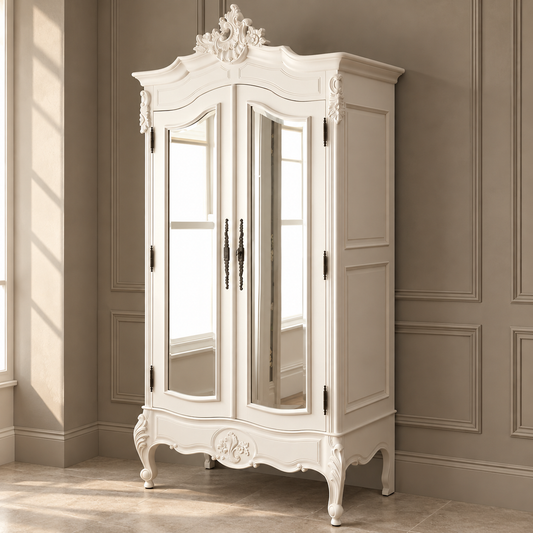An ornate white carved cabinet with mirrored doors stands in a room with beige paneled walls and tiled flooring.